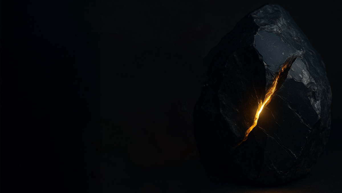Obsidian Rock with Volcano Lava Crack Burst Light